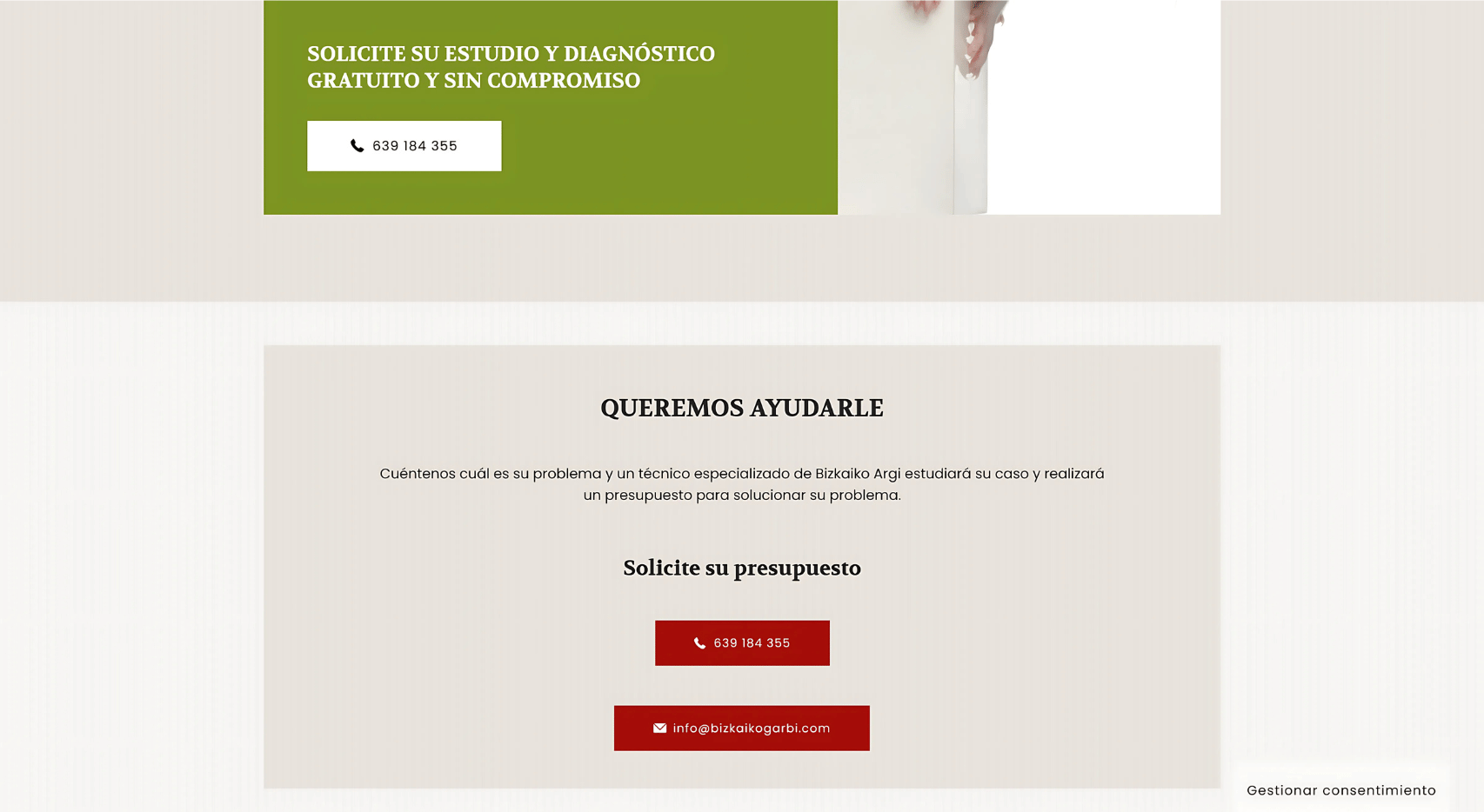 Captura de la sección de contacto del proyecto web de Bizkaiko Garbi con presupuesto, teléfono, email y gestión de consentimiento