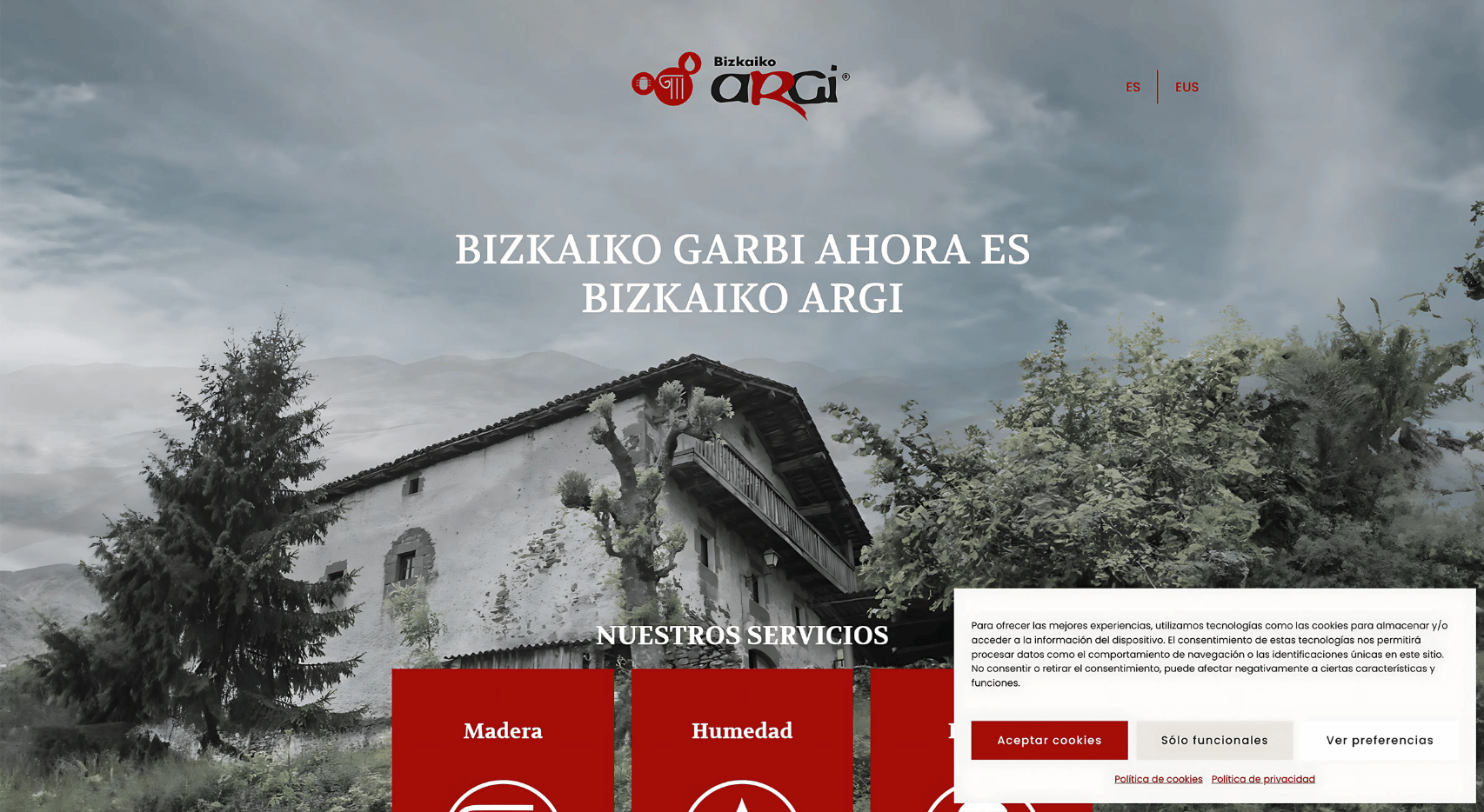 Landing page del proyecto web de Bizkaiko Garbi con cabecera, casa rural, servicios y aviso de cookies