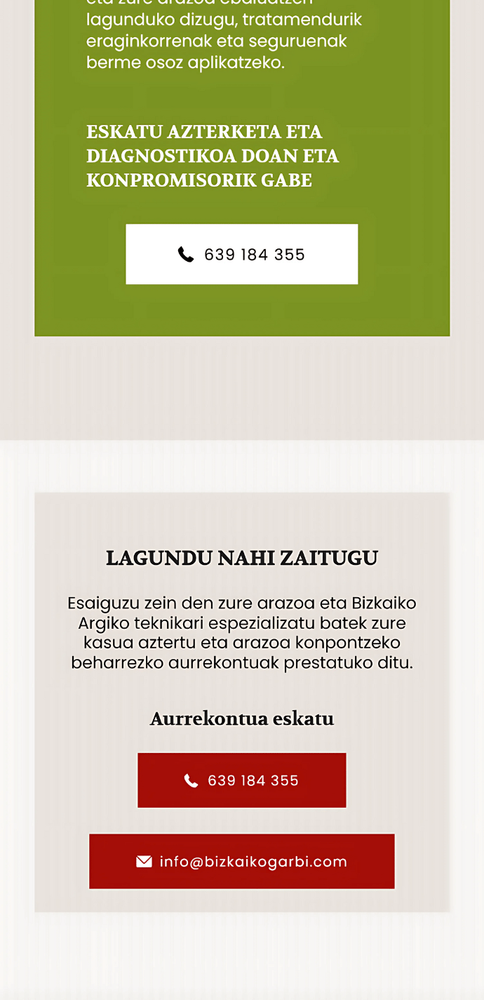 Captura móvil del proyecto web con la sección de contacto de Bizkaiko Garbi con teléfono, email y llamada a presupuesto de Bizkaiko Argi