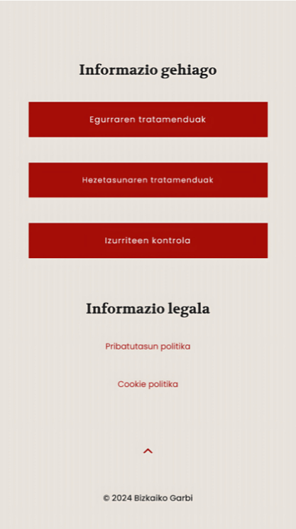 Captura móvil del pie de página del proyecto web de Bizkaiko Garbi con secciones Informazio gehiago, Informazio legala y copyright de Bizkaiko Garbi