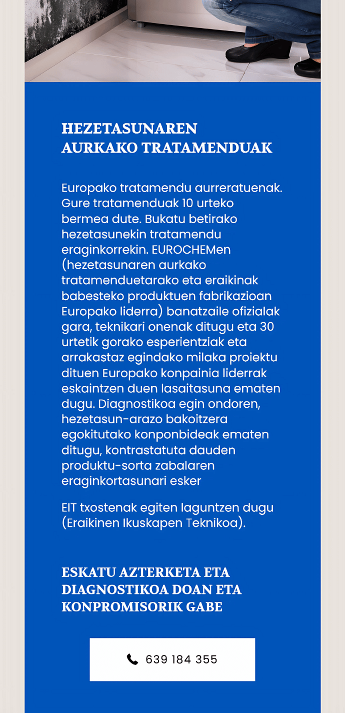 Captura móvil de la sección de servicios del proyecto web de Bizkaiko Garbi sobre tratamientos contra humedades con teléfono de contacto