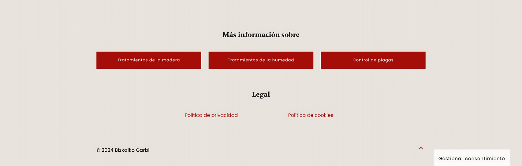 Captura horizontal del pie de página del proyecto web de Bizkaiko Garbi con enlaces informativos, legales, copyright y cookies