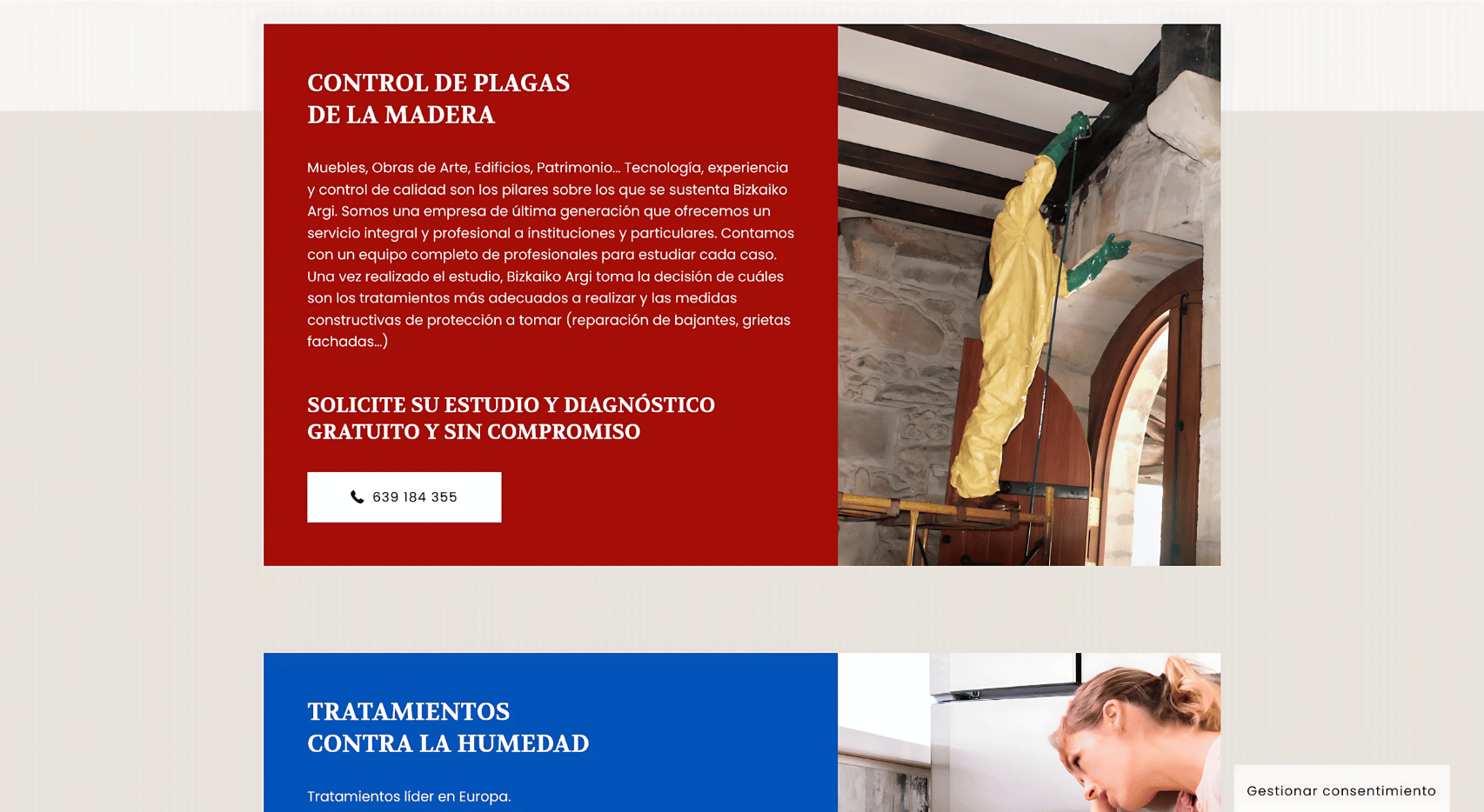 Captura de la sección de servicios del proyecto web de Bizkaiko Garbi con bloques de control de plagas y tratamientos contra humedad