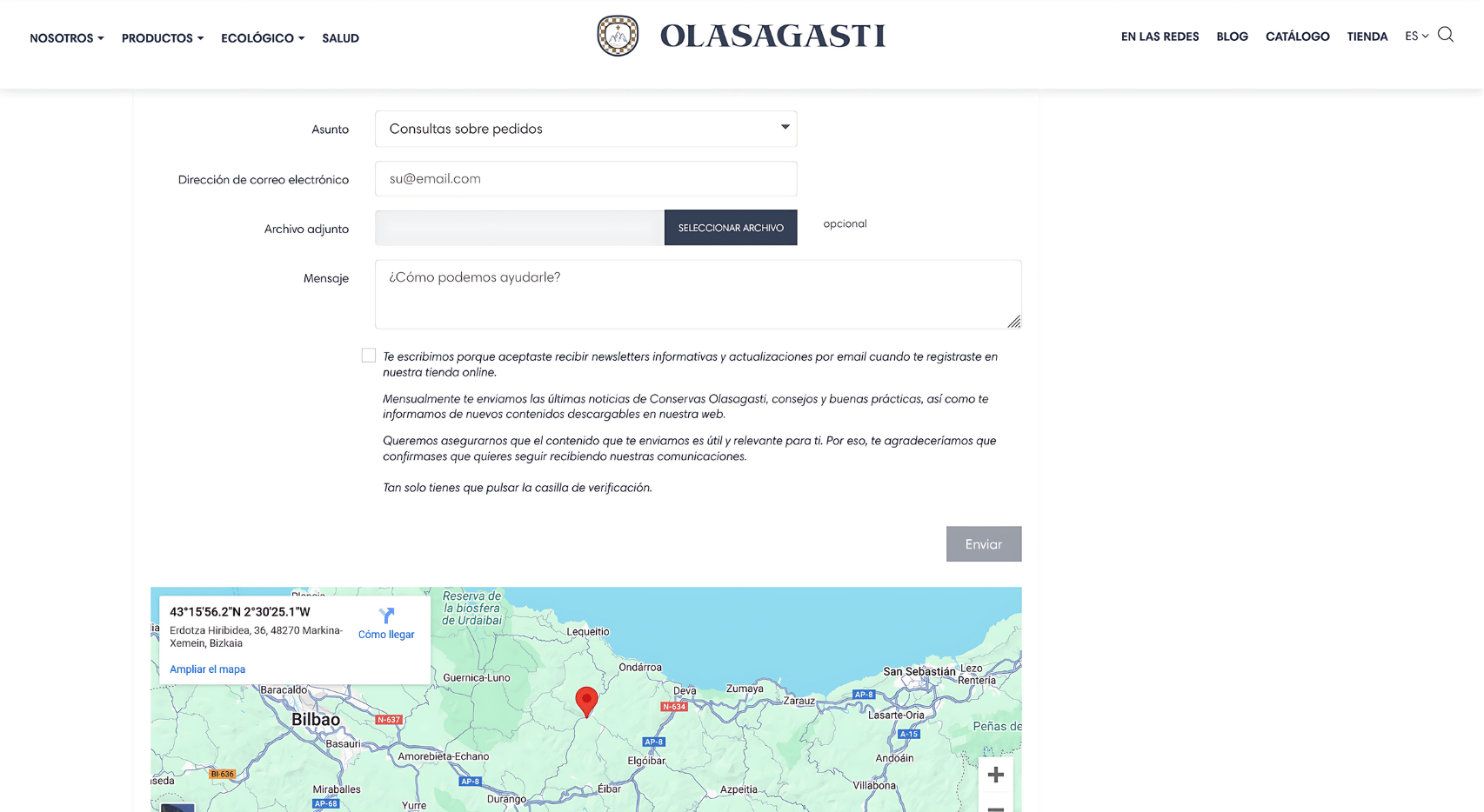 Página de contacto del proyecto web de Conservas Olasagasti con formulario, archivo adjunto, texto de suscripción y mapa