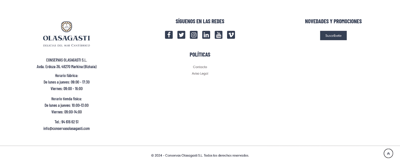 Pie de página del proyecto web de Conservas Olasagasti con datos de contacto, horarios, redes sociales, políticas y suscripción