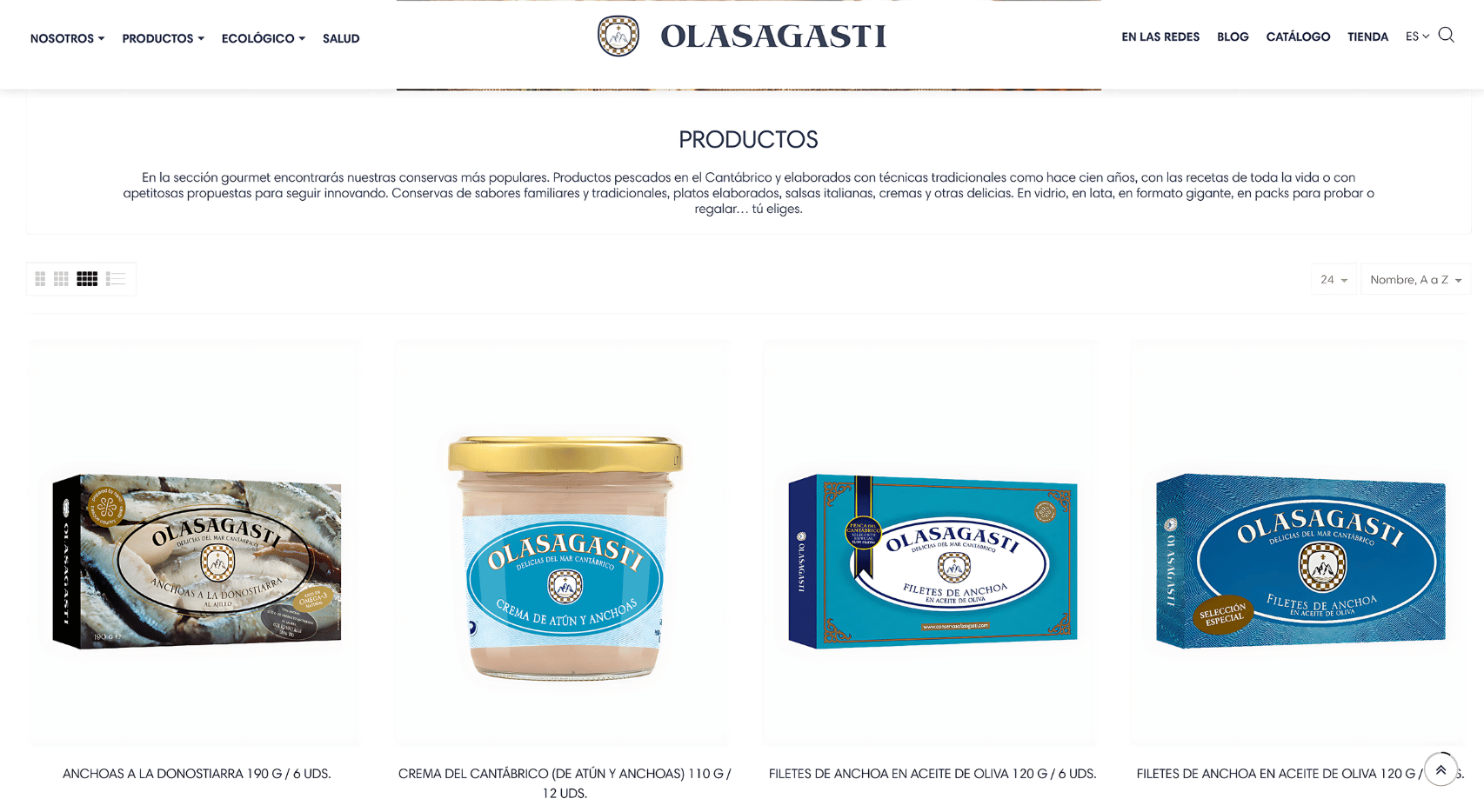 Página de productos del proyecto web de Conservas Olasagasti con listado de anchoas, crema de atún y filtros de tienda online