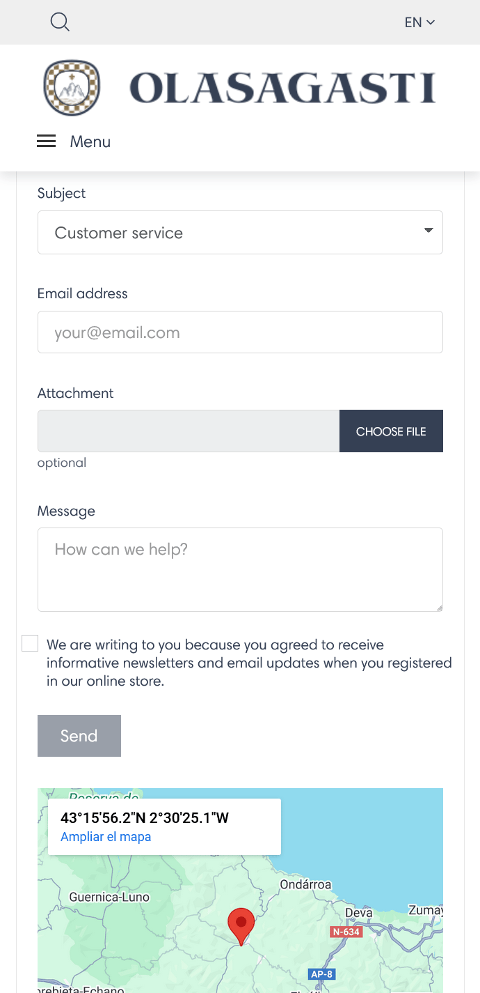 Sección contacto (Contact) en ingles de la versión móvil de la página web de Conservas Olasagasti, con formulario de contacto y mapa de localización