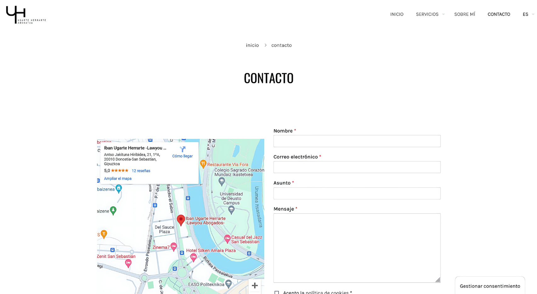 Sección de contacto de la página web de Ugarte Herrarte Abokatua, con un mapa de ubicación y un formulario de contacto para consultas legales