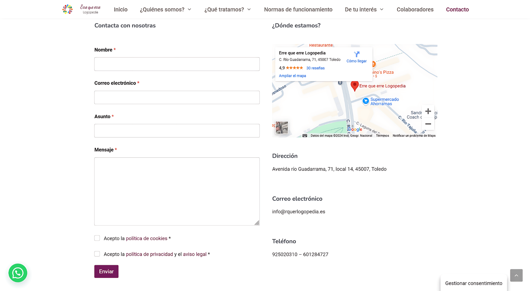 Página de contacto del proyecto web de Erre que erre Logopedia con formulario, mapa, dirección en Toledo, email y teléfono