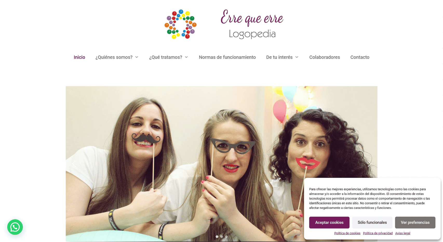 Página de inicio del proyecto web de Erre que erre Logopedia con tres mujeres usando accesorios y aviso de cookies