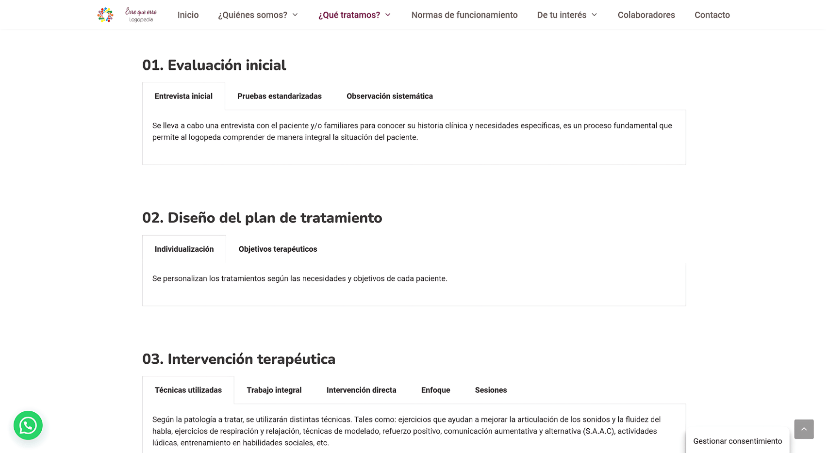 Página de metodología del proyecto web de Erre que erre Logopedia con secciones de evaluación, plan e intervención terapéutica