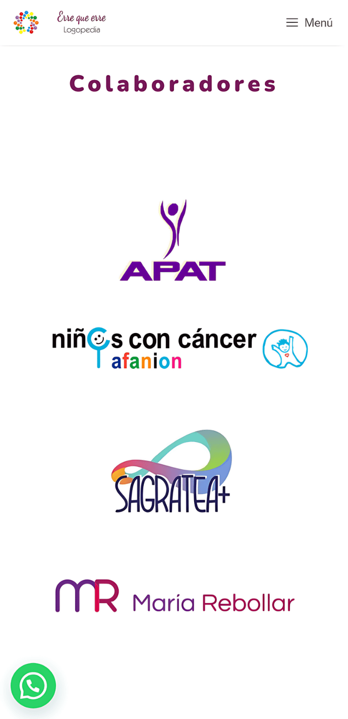 Sección móvil del proyecto web de la página de colaboradores de Erre que erre Logopedia con logotipos de APAT, Afanion, Sagrática+ y María Rebollar