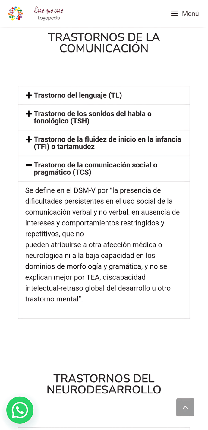Captura móvil del proyecto web de la sección de patologías de Erre que erre Logopedia con trastornos de la comunicación