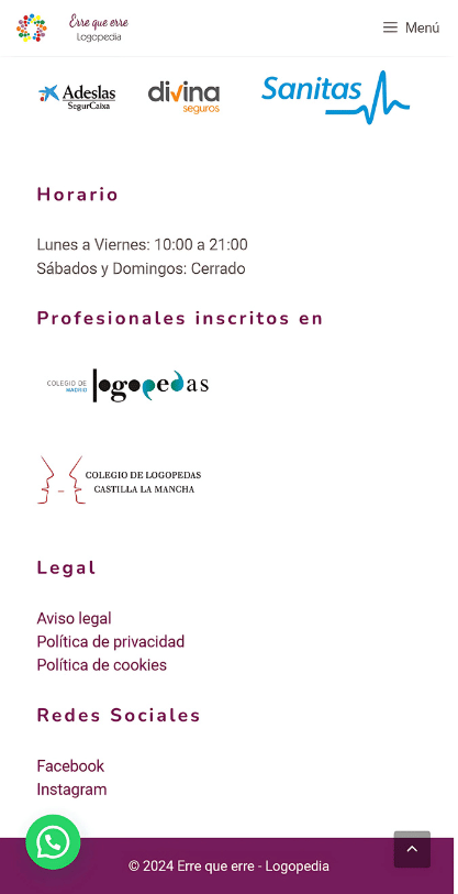 Captura móvil del pie de página del proyecto web de Erre que erre Logopedia con horario, enlaces legales, redes sociales y WhatsApp