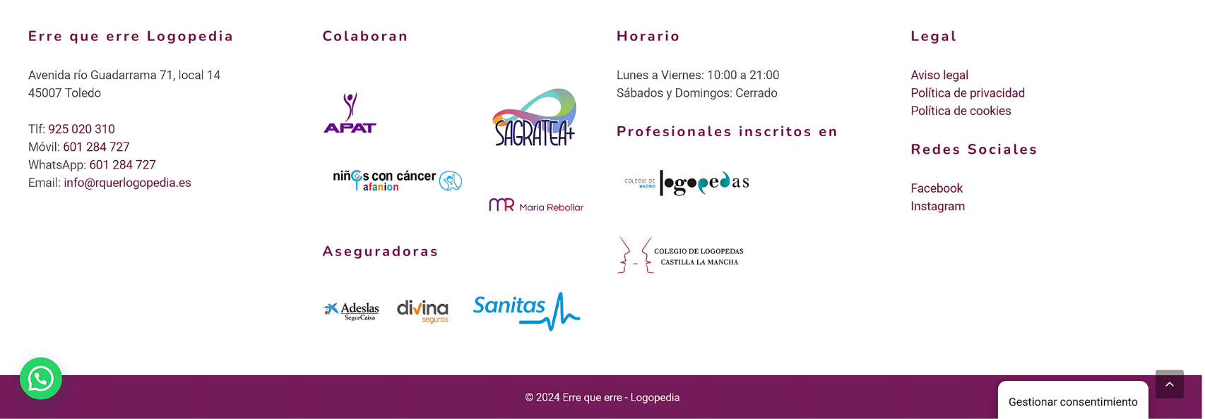 Captura del pie de página del proyecto web de Erre que erre Logopedia con contacto, colaboradores, aseguradoras y enlaces legales