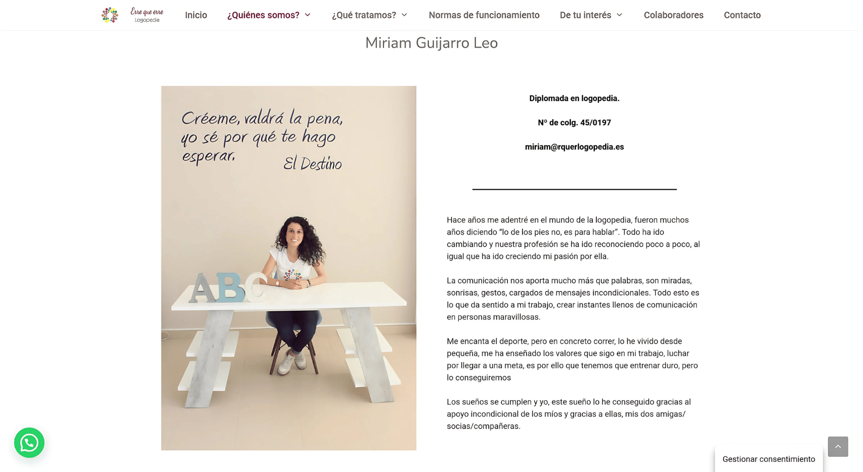 Captura de la sección Sobre nosotras del proyecto web de Erre que erre Logopedia con fotografía y perfil profesional