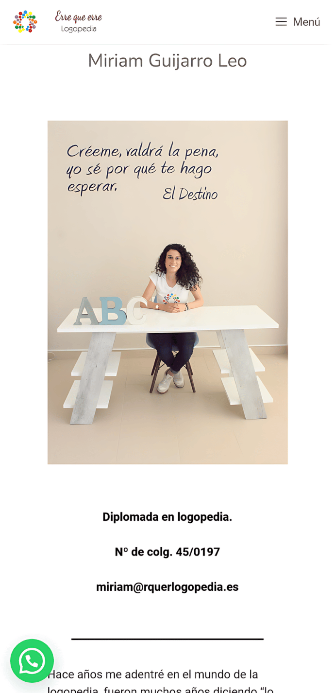 Captura móvil del proyecto web de la sección Sobre nosotras de Erre que erre Logopedia con Miriam Guijarro Leo y datos profesionales