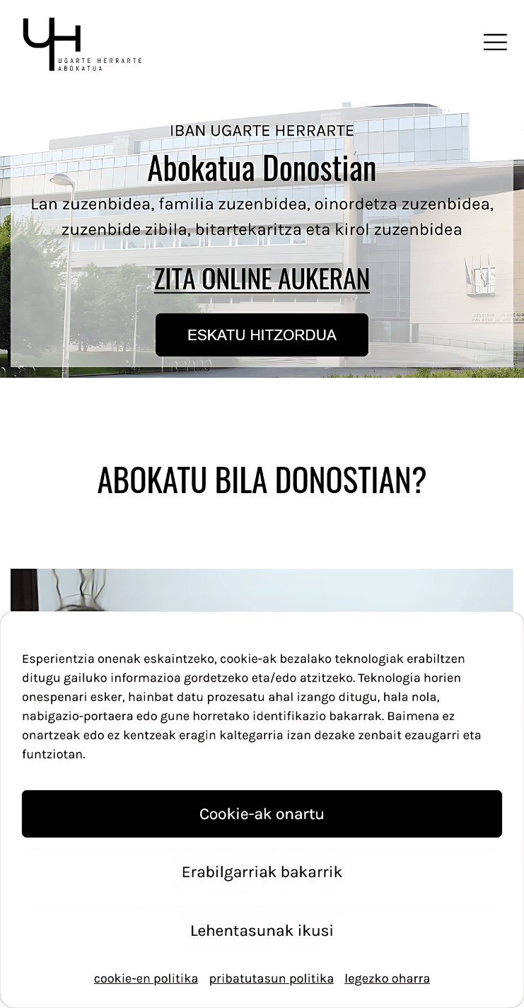 Sección de inicio (hasiera) en euskera de la versión móvil de la página web de Iban Ugarte Herrarte Abokatua, despacho de abogados dirigido por Iban Ugarte