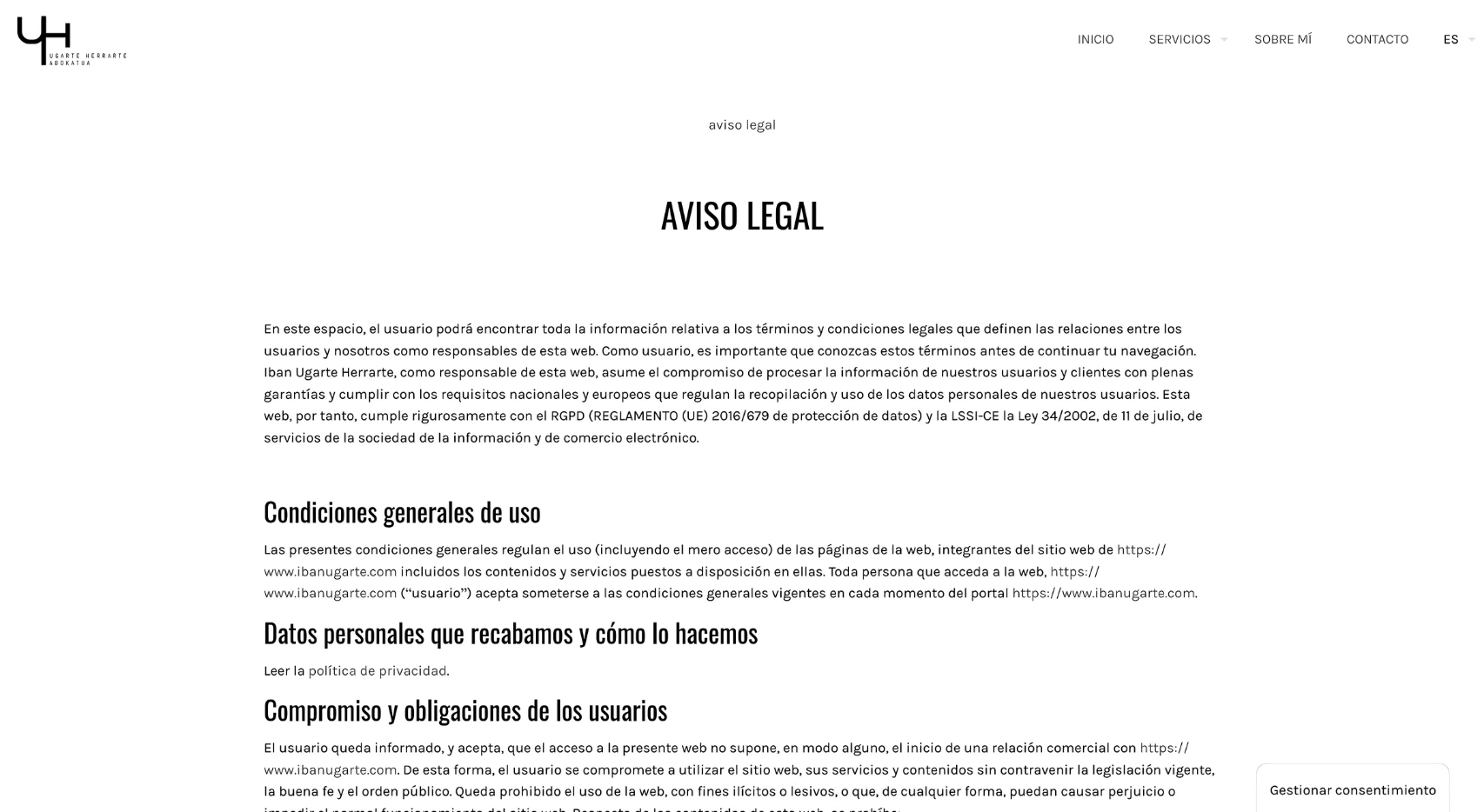 Página de aviso legal del proyecto web de Iban Ugarte con menú superior, texto jurídico y gestión de consentimiento