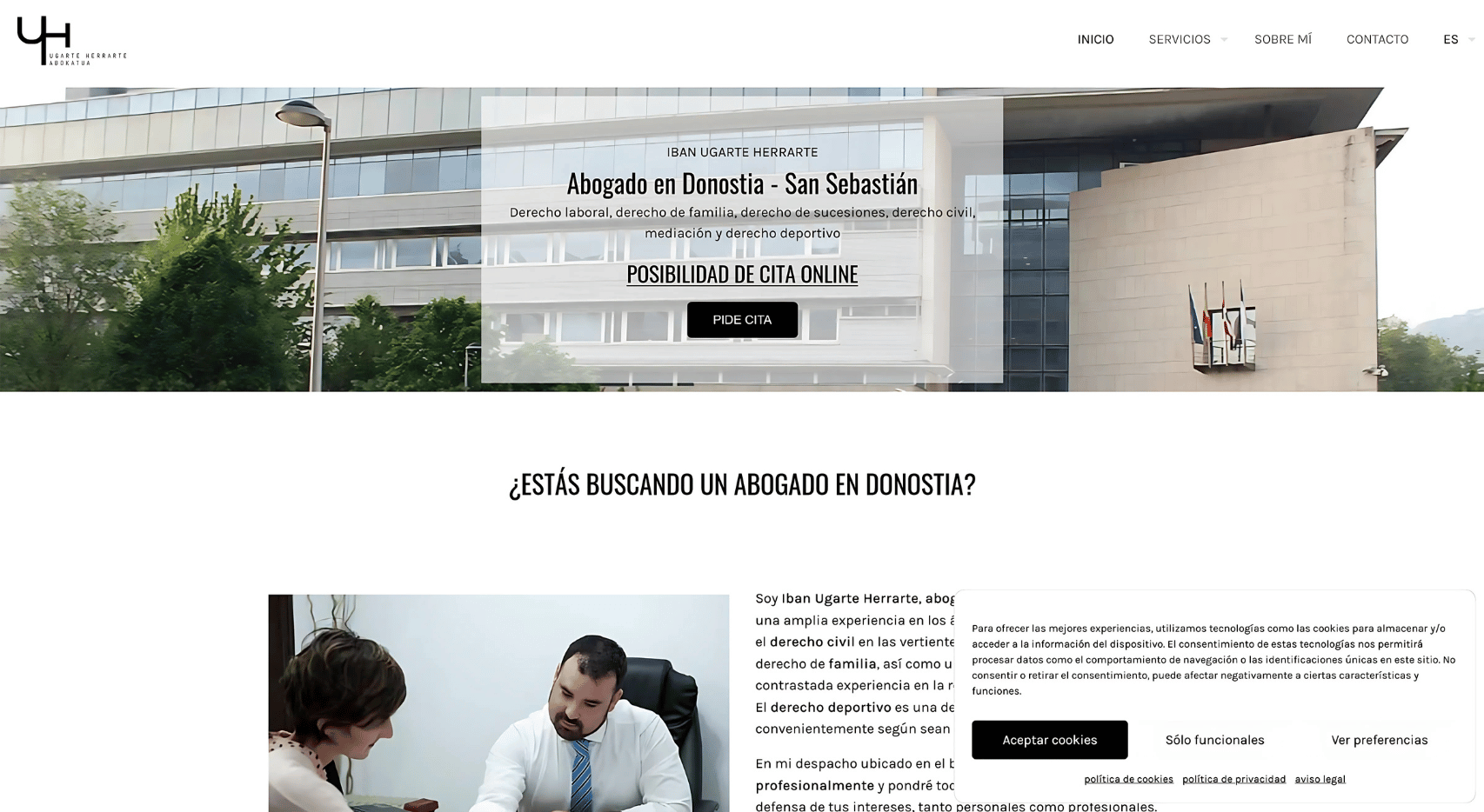 Página de inicio del proyecto web de Iban Ugarte abogado con hero, edificio, cita online, contenido introductorio y aviso de cookies