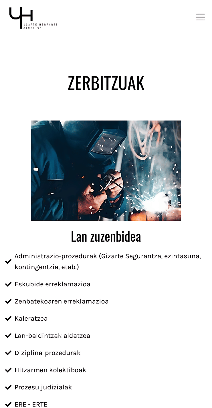 Captura móvil de la página Servicios del proyecto web de Iban Ugarte con imagen de soldadura y listado de servicios de derecho laboral