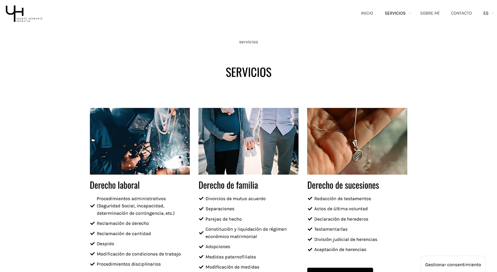 Página de servicios del proyecto web de Iban Ugarte con bloques de derecho laboral, familia y sucesiones