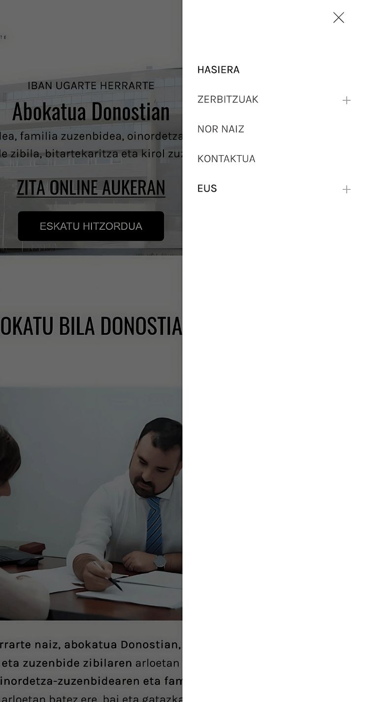 Captura móvil del menú lateral del proyecto web de Iban Ugarte con navegación, cita online y contenido de fondo