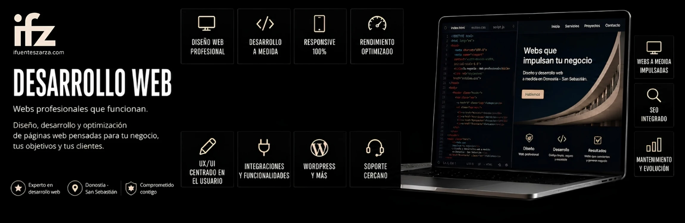 Banner de desarrollo web con portátil mostrando código, tarjetas de servicios técnicos y fondo negro
