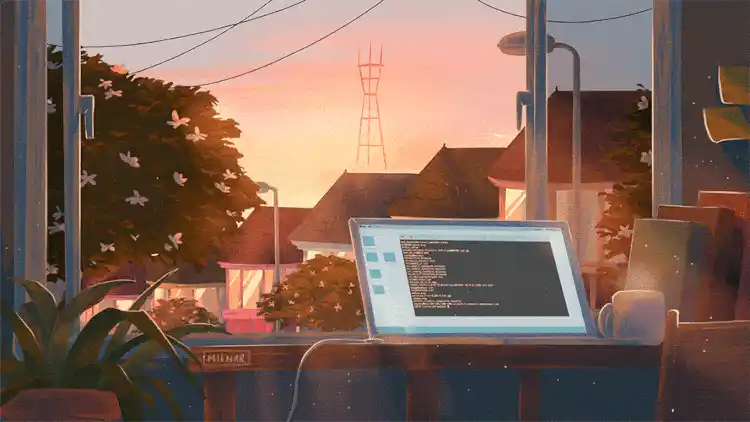 Ilustración de escritorio con portátil mostrando código junto a una ventana al atardecer