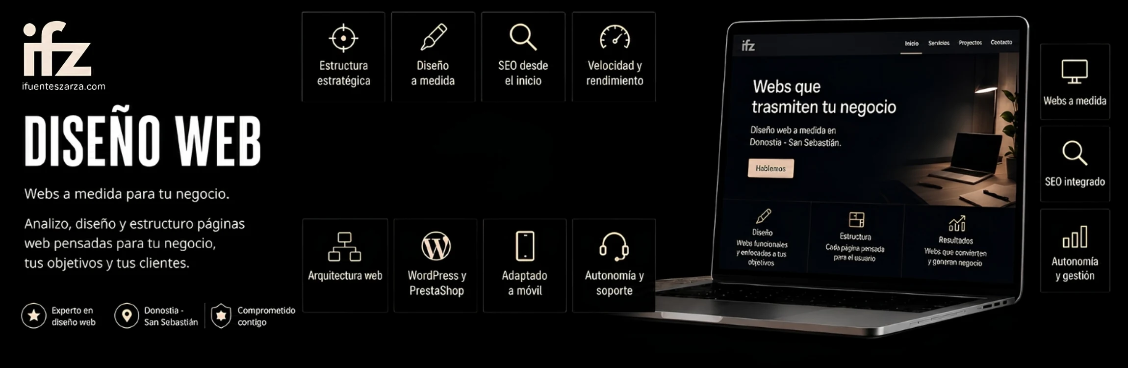 Banner de diseño web con portátil, estructura estratégica, SEO integrado y servicios web sobre fondo negro