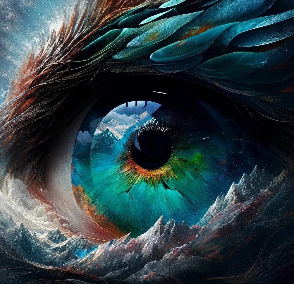 Ilustración de identidad visual con un ojo surrealista, iris turquesa, montañas reflejadas y texturas de plumas