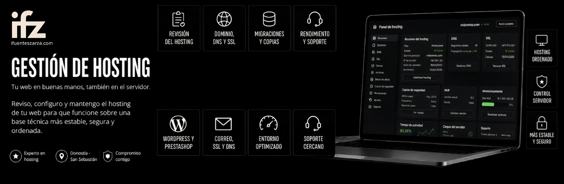Banner de gestión de hosting con portátil mostrando panel de servidor, DNS, SSL, copias y soporte técnico