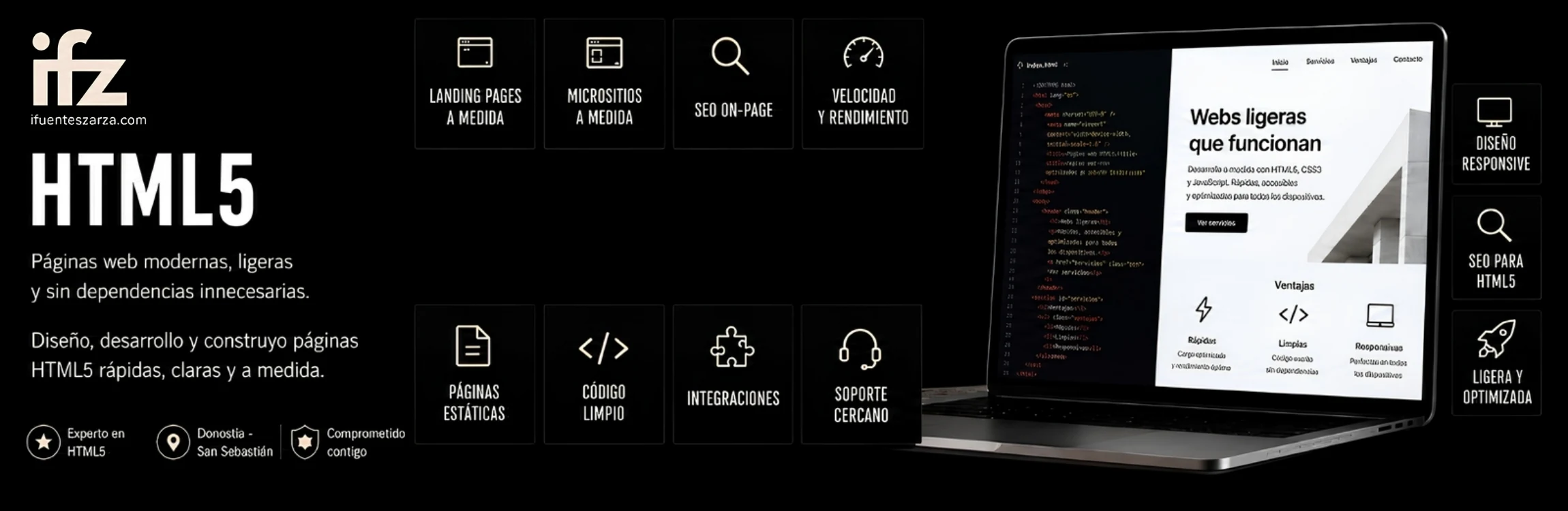 Banner de HTML5 con portátil mostrando código y web ligera, iconos de SEO, velocidad, diseño responsive y soporte