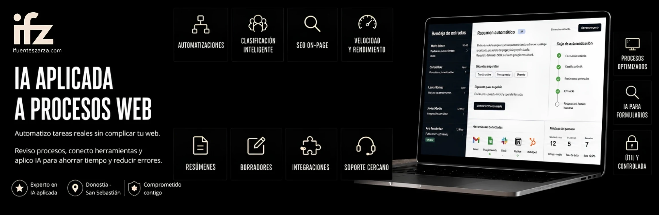 Banner de IA aplicada a procesos web con portátil, automatizaciones, clasificación inteligente, formularios e integraciones