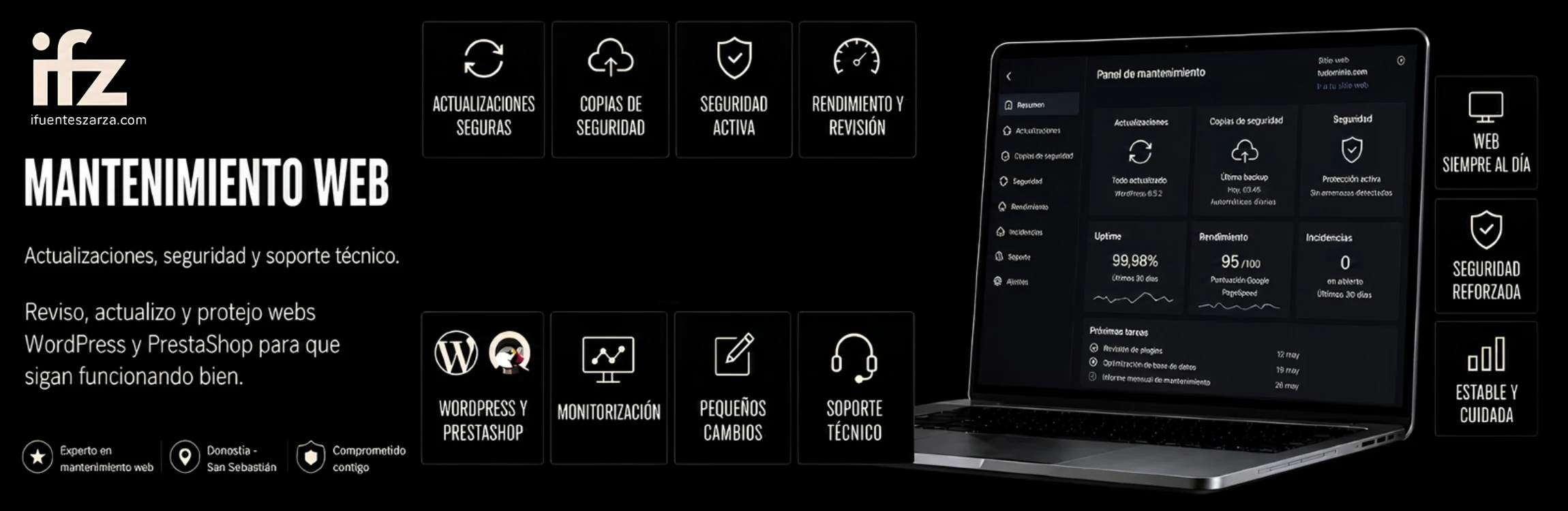 Banner de mantenimiento web con portátil mostrando panel de control, copias de seguridad, rendimiento y soporte técnico