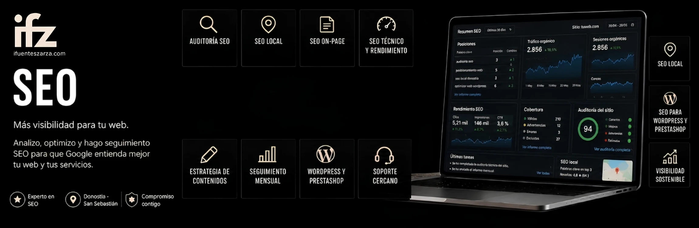 Banner de SEO de Ifuenteszarza con portátil mostrando métricas y tarjetas de auditoría, SEO local y soporte