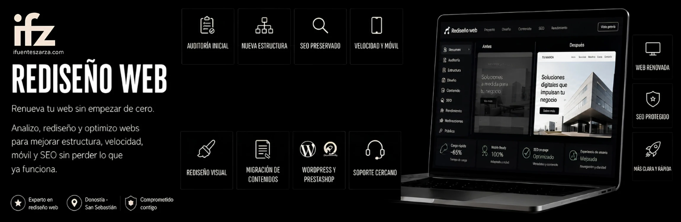 Banner de rediseño web con portátil mostrando comparativa antes y después, auditoría, SEO y soporte