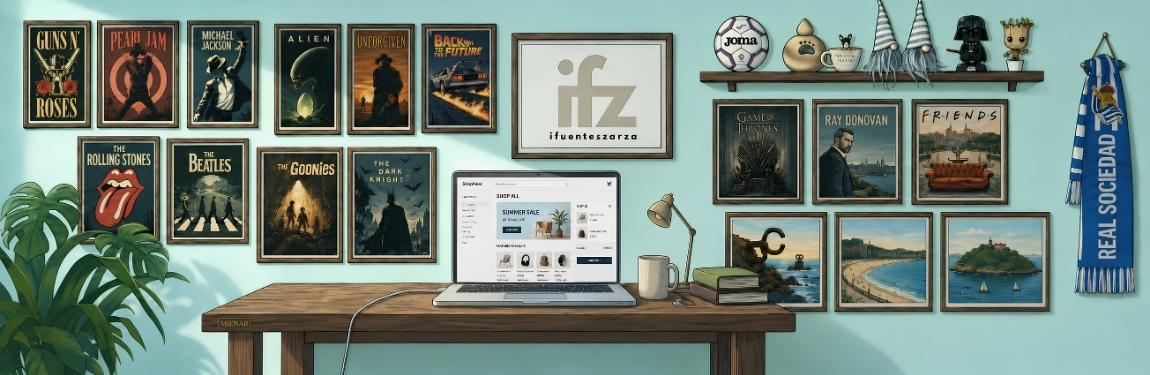 Ilustración de tienda online con portátil mostrando una web de comercio electrónico sobre escritorio decorado
