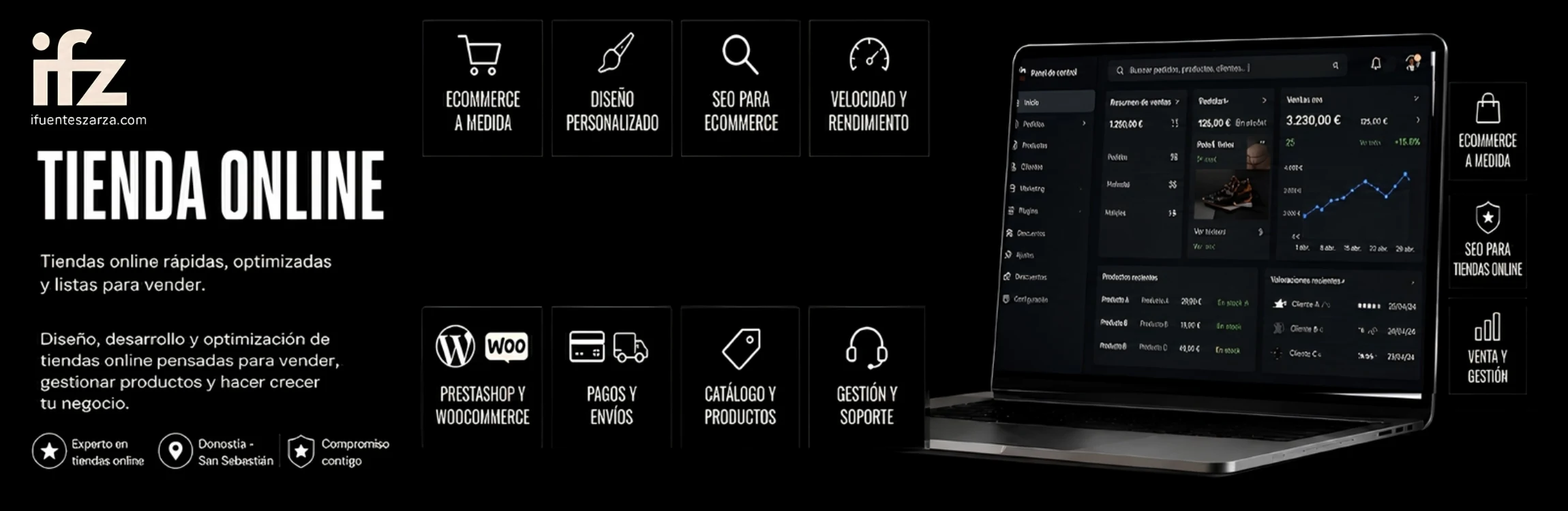 Banner de tiendas online con portátil mostrando panel ecommerce, métricas de venta e iconos de servicios