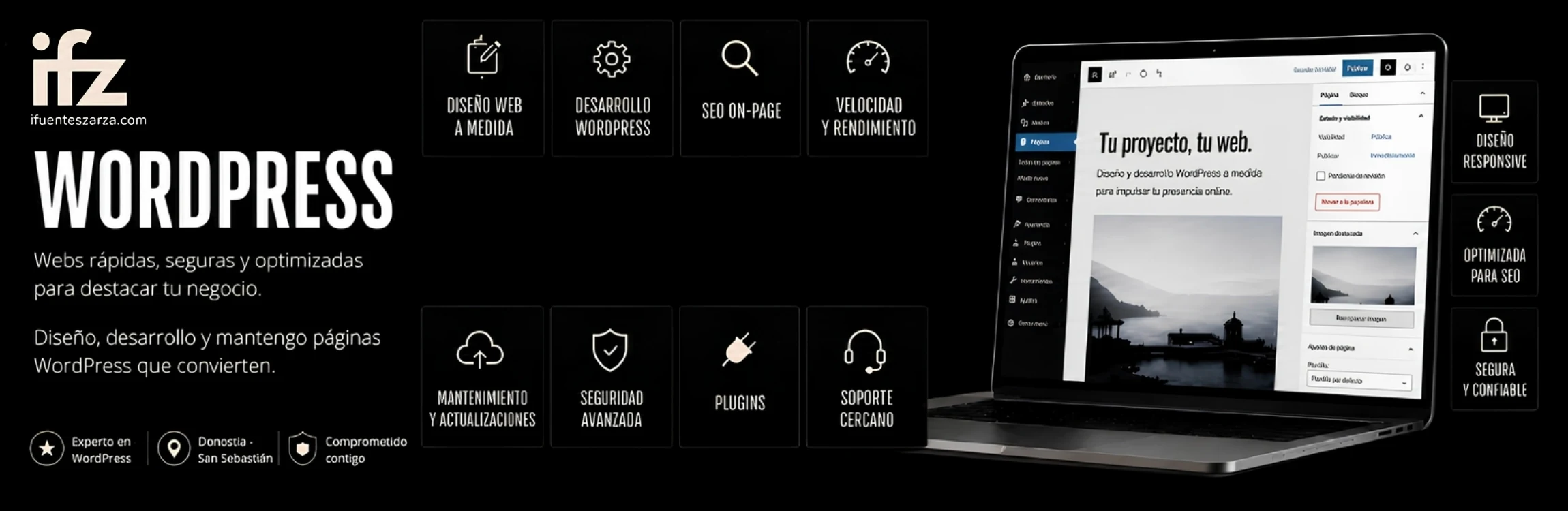 Banner de WordPress con portátil, panel de edición web e iconos de servicios técnicos sobre fondo negro