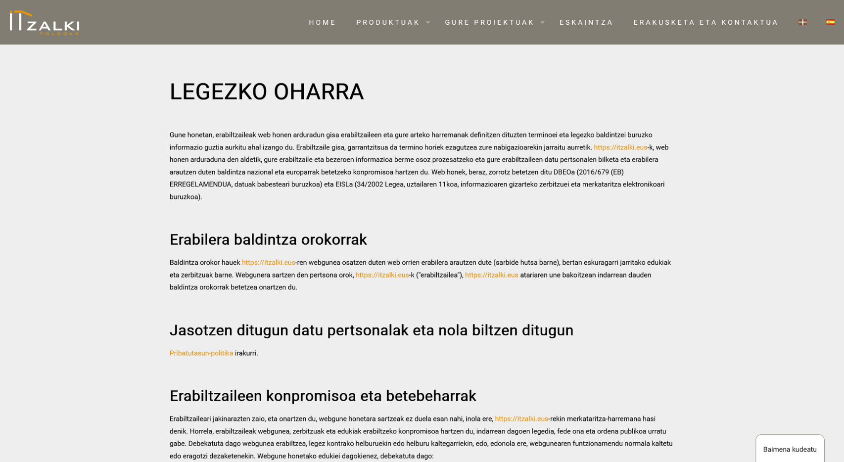 Página de aviso legal del proyecto web de Itzalki Toldoak con menú superior y texto legal en euskera
