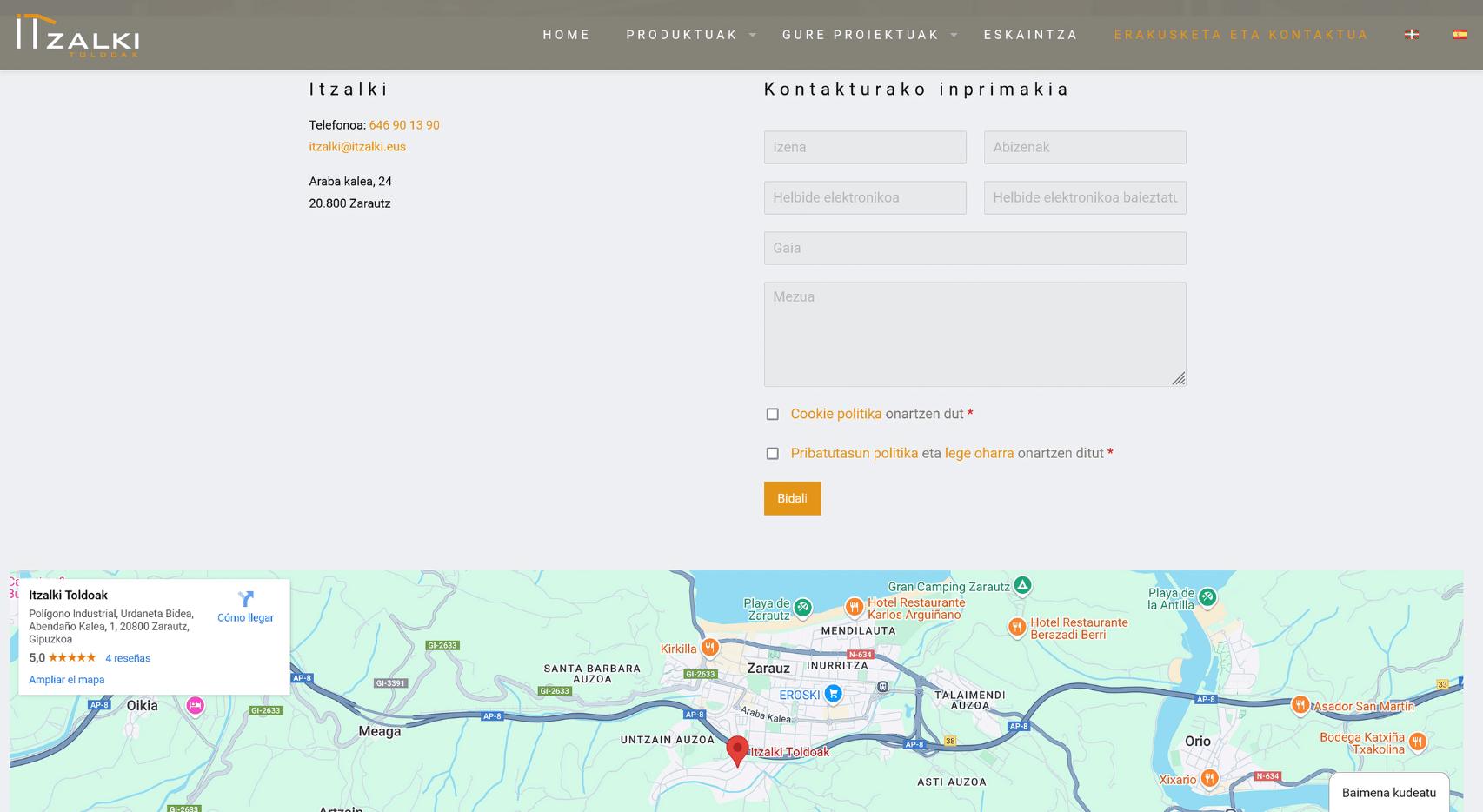 Captura de la página de contacto y exposición del proyecto web de Itzalki Toldoak con formulario, datos de contacto y mapa de Zarautz