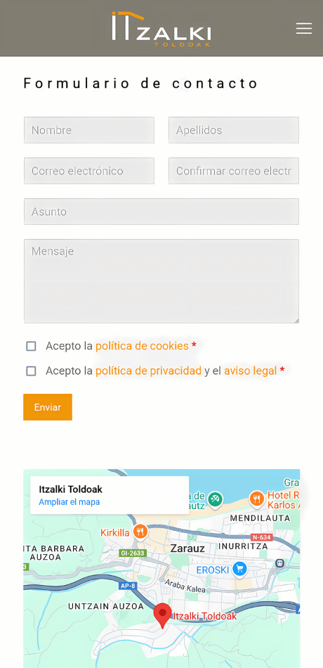 Captura móvil de la página de contacto del proyecto web de Itzalki Toldoak con formulario de contacto, casillas legales y mapa de ubicación en Zarautz