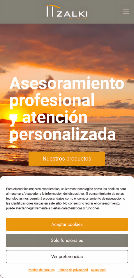 Captura móvil del home del proyecto web de Itzalki Toldoak con hero al atardecer, botón de productos y aviso de cookies