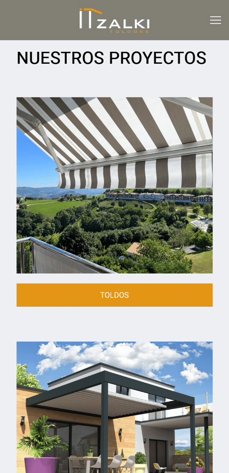 Captura móvil de la sección Nuestros proyectos del proyecto web de Itzalki Toldoak con imágenes de toldos y pérgolas