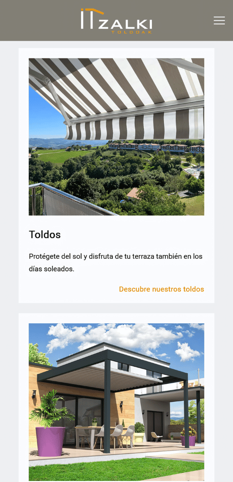 Captura móvil de la página de productos del proyecto web de Itzalki Toldoak con card de toldos e imagen de una pérgola