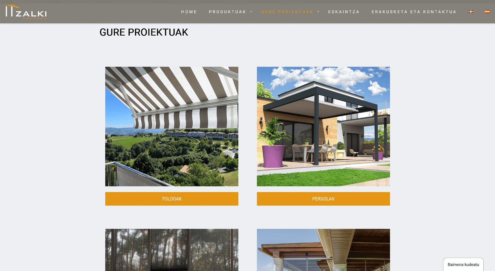 Captura de la sección Nuestros proyectos del proyecto web de Itzalki Toldoak con tarjetas de toldos y pérgolas