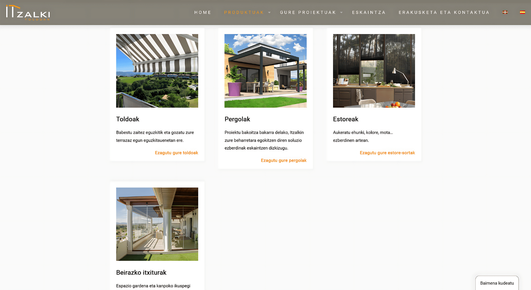 Página de productos del proyecto web de Itzalki Toldoak con tarjetas de toldos, pérgolas, estores y cerramientos de cristal