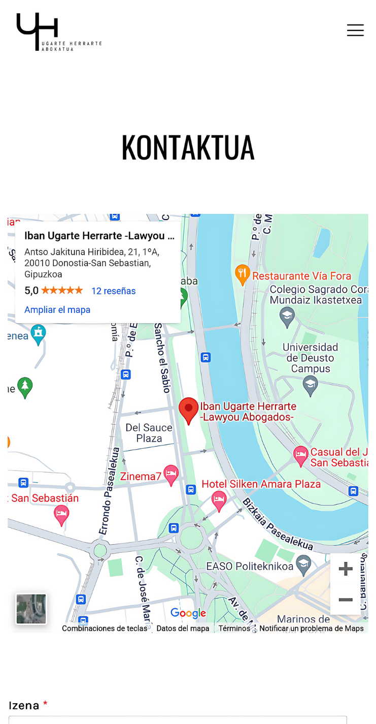 Sección Contacto (Kontaktua) de la versión móvil de la página web de Iban Ugarte Herrarte Abokatua, con mapa de localización y formulario de contacto