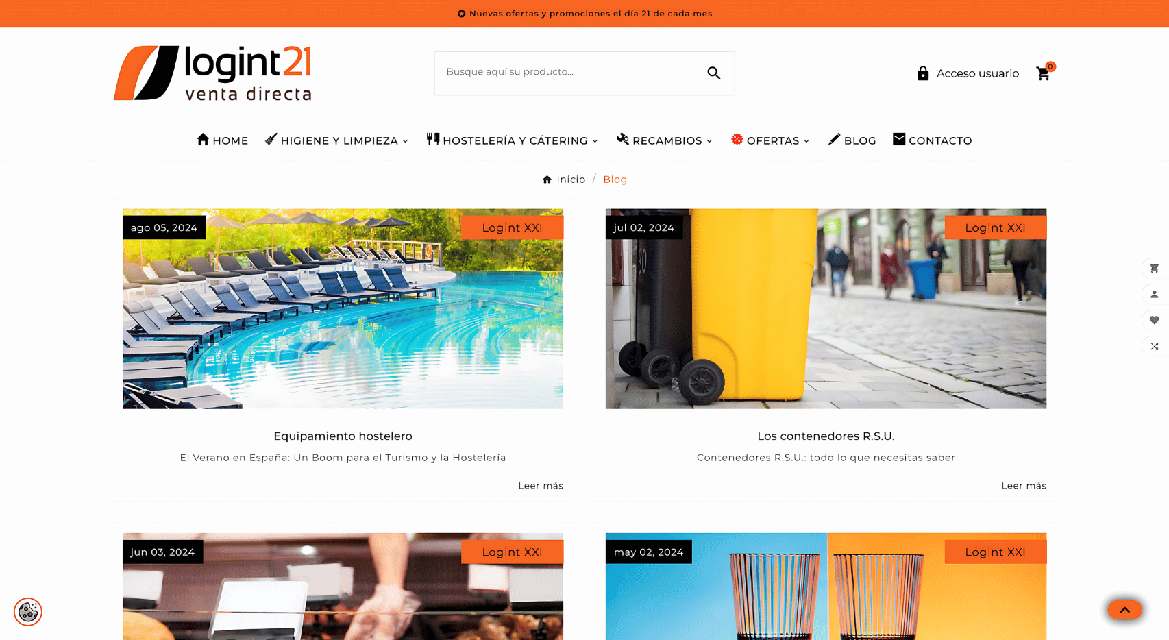 Página de blog del proyecto web de Logint21 con cabecera, buscador, menú y tarjetas de artículos con imágenes